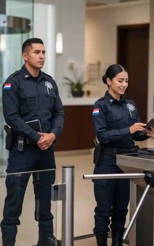 Cuatro agentes de seguridad privada junto a un coche de policía por la noche, iluminados por las luces del edificio y del coche
