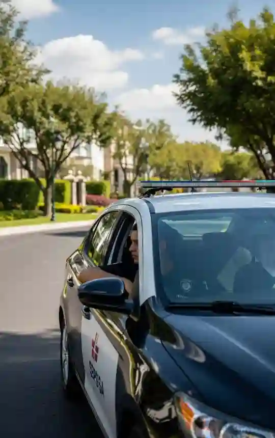 Dos guardias de seguridad privada se paran cerca de un hombre en un centro comercial, uno habla por un walkie-talkie